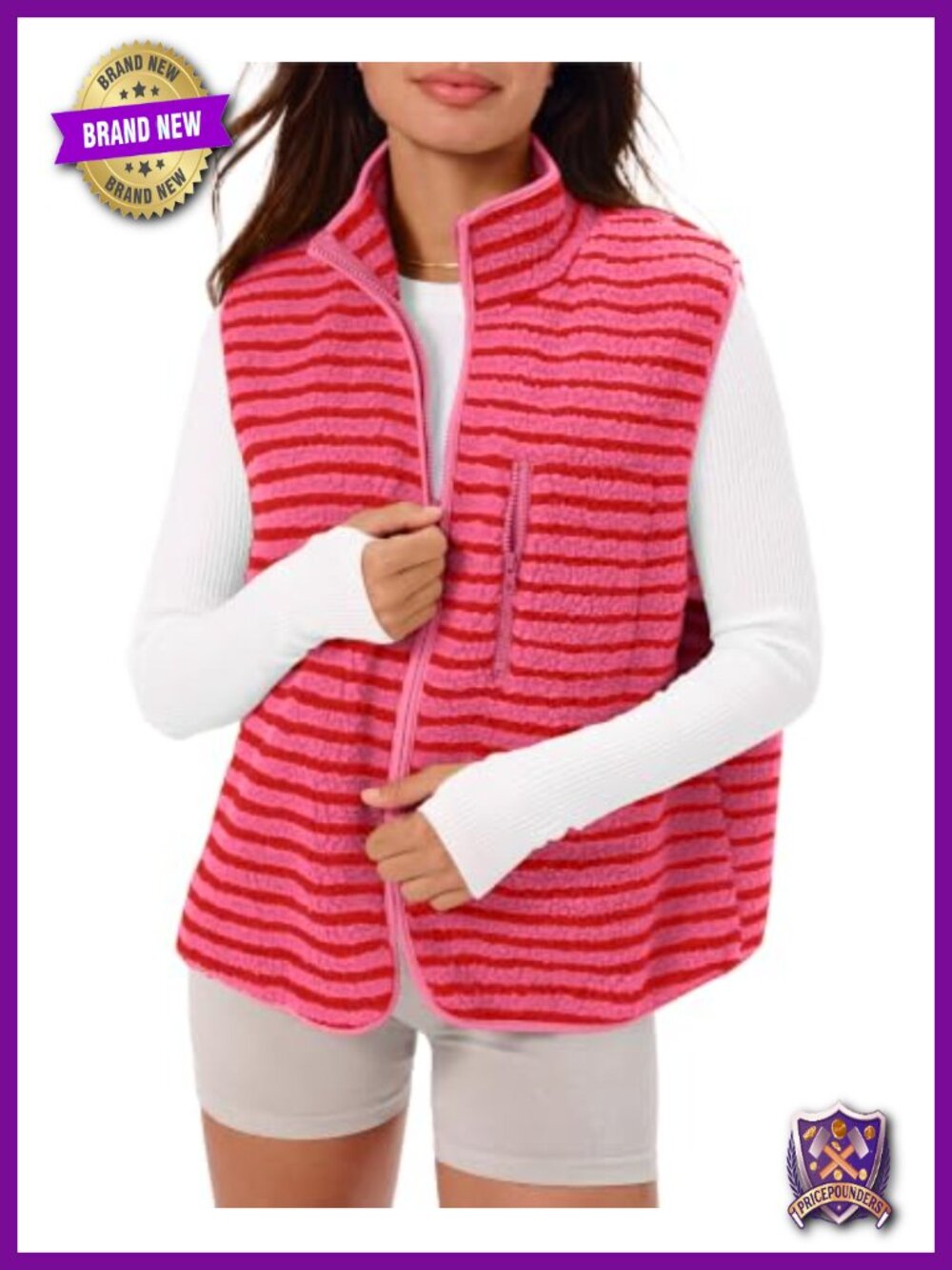 Sherpa Fleece Striped Vest Stand Collar Sleeveless Zip Jacket
